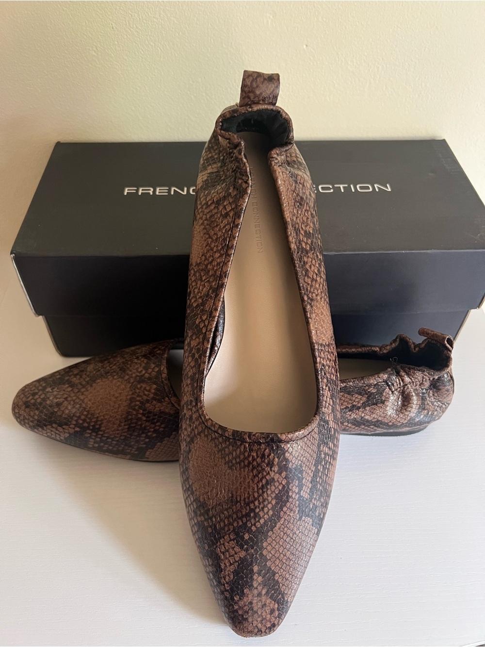 French Connection Brown Snake-Print Pointed Flats